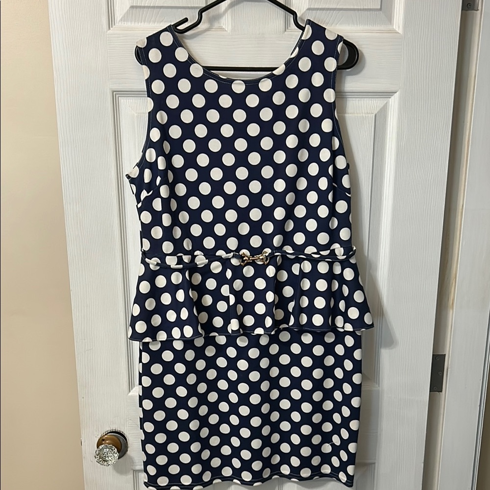 Atmosphere Navy Blue and White polka dot peplum style sleeveless  dress